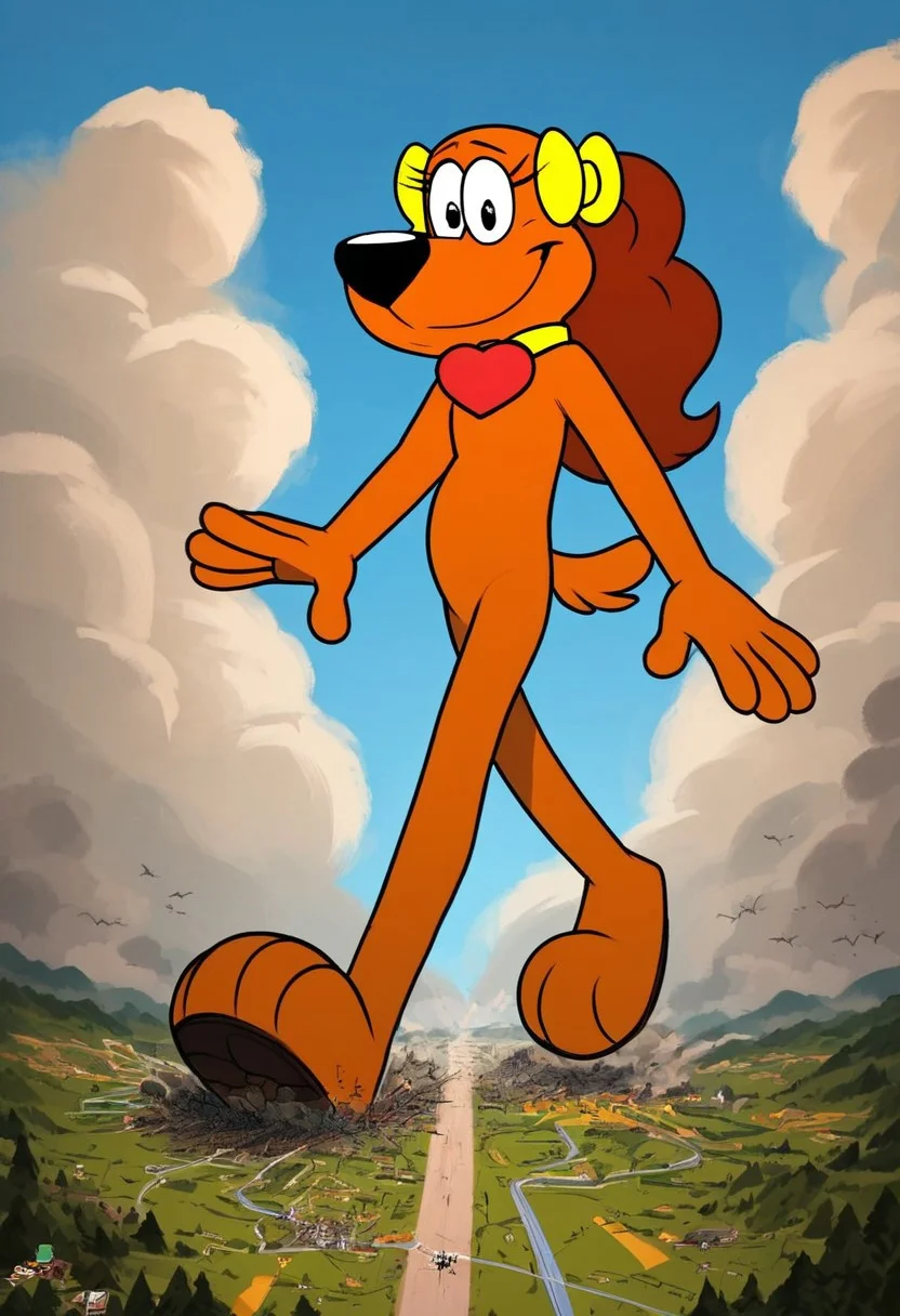 score_9, score_8_up, score_7_up, score_6_up, solo focus, 1girl, larger body, (Cróquete Spaniel, Gui & Estopa), long ears, (brown orange fur)), ((anthro, anthro dog, dog body)), (black eyes), Perfect paws, 1female, (source_furry), dog girl, dog ear, Brown ears, yellow bows, yellow collar, heart tag, heart shaped tag, full body, solo, black nose, anthro, detailed fur, slightly chubby, detailed eyes, low angle view, ((macro)), ((giantess)), outdoors, ((sunshine)), ((sunny day)), ((bright light)), in the city, (shrunken city :1.3), (shrunken cityscape:1.2), micro cityscape, full detailed city, destruction, mass destruction, full body, perfect face, focus on furry, happy face, (sexy perfect face), looking at viewer, sexy, highly detailed, Expressiveh, perfect eyes, big feet, landscape, orgasm face, blue sky, daytime, standing, walking, eyelash