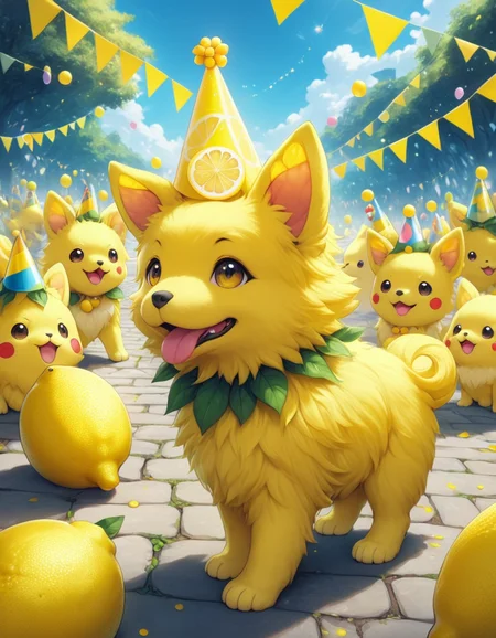 wl_lemons, cute, anime, yellow theme, <lora:When_Life_Gives_You_Lemons:1>, best quality, high quality, masterpiece, lemon puppy, outdoors, party hat, personification, anthropomorphic, pokemon \(creature\),