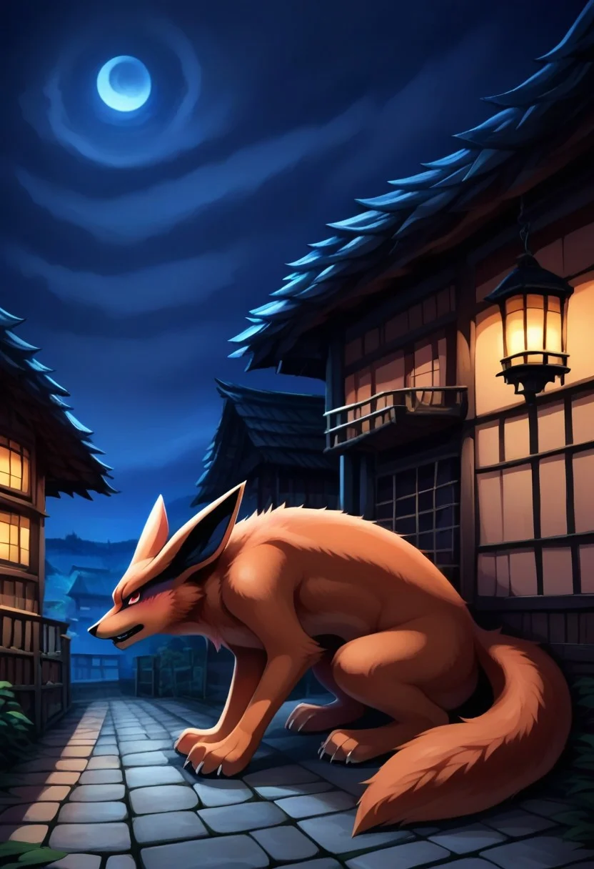 BREAK Score_9_up, Score_8_up, Score_7_up, source_anime, kurama, solo, full body, male, Kurama, orange fur, fur all over the body, black lips, night, detailed background, town background, half body shadow, ambient light on the body,