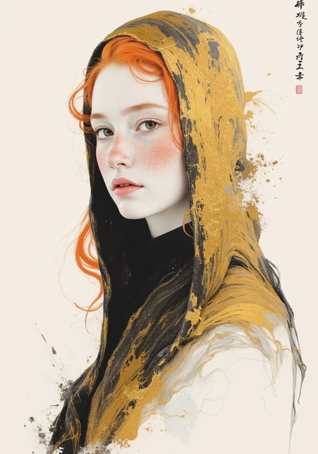 redhead as ((Nun)) empress with freckles, (,ink,golden ratio)white background,ink painting, minimalism,,Traditional Chinese ink painting,Rice paper,penetration,bleeding texture,,painting by Xu Beihong, by genevieve valentine, mystical background