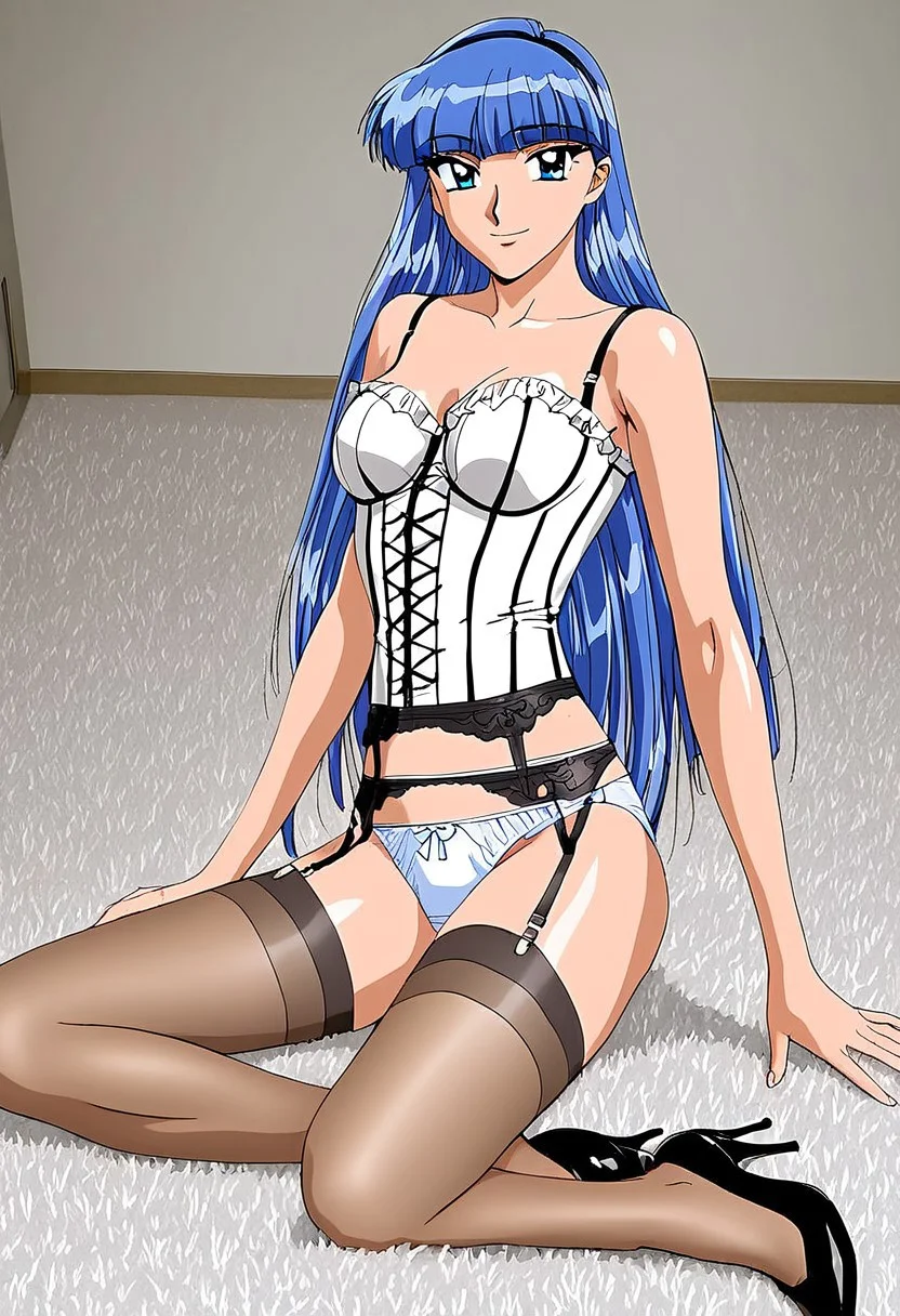 90s anime style, retro style, CLAMP manga style, soli, vibrant colors, fine details, delicate details, Detailed anime style, 1 girl, blue eyes, cheerful, friendly expression, soft smile, looking towards the viewer, sky blue hair, long hair, straight hair, straight bangs, slim body, medium breasts, ((outfit 03, underwear, lingerie, white satin corset, corset with garter belt, panties, white satin panties, garter belt, sheer stockings, high heels, black high heels), sitting, wariza, on the carpet, room, indoor background