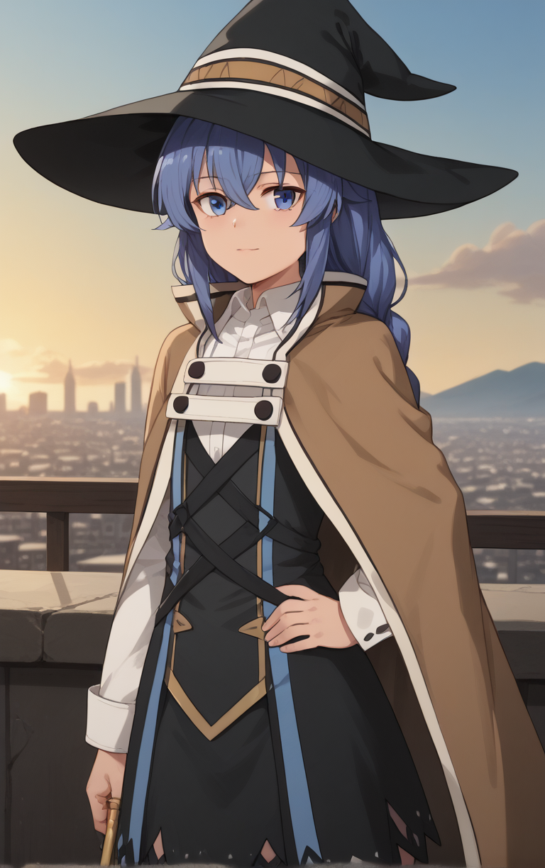 score_9, score_8_up, score_7_up, BREAK
MainOutfit_RoxyMigurdia_ownwaifu, 
1girl, blue eyes, blue hair, mage staff, roxy migurdia, wizard hat, long hair, witch hat, hair between eyes, black headwear, braid, brown cape, crossed bangs, twin braids, bangs, long sleeves, white shirt, collared shirt, dress, capelet, shirt, cloak, black skirt, brown capelet,
(contrapposto, hand on hip), sunset, sidelighting, cityscape, vanishing point, outdoors, <lora:PONYXL_MushokuTensei_RoxyMigurdia_ownwaifu:1> , depth of field, solo,