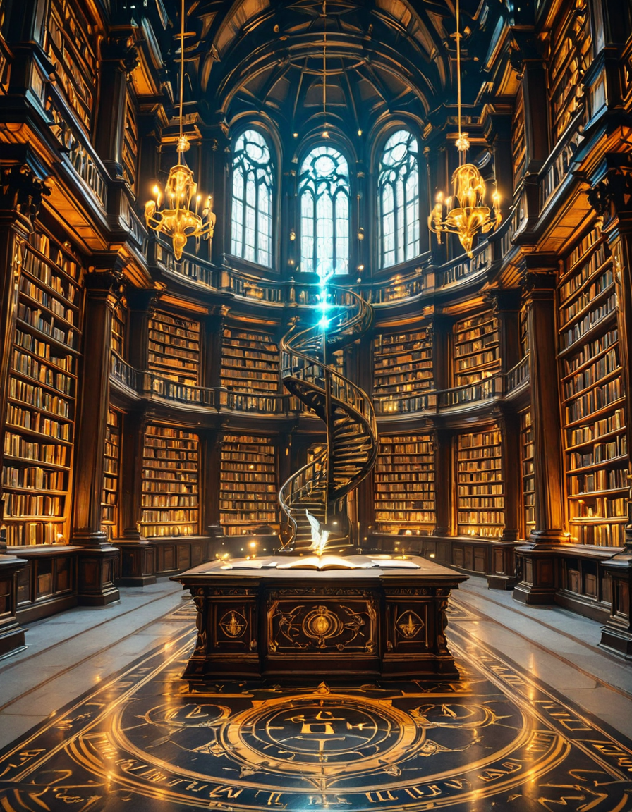 grand enchanted library filled with towering wooden bookshelves that stretch endlessly into the distance, packed with ancient, leather-bound books glowing with mystical runes. The atmosphere is illuminated by floating candles and ethereal blue and golden lights that hover in the air, casting a warm, magical glow. A spiral staircase made of dark oak winds upward, disappearing into the shadows of the high-vaulted ceiling adorned with intricate celestial carvings. Wisps of enchanted mist swirl around the floor, while some books levitate gently from shelf to shelf, as if guided by an unseen force. The air shimmers with dust particles suspended in soft, golden light filtering through stained glass windows, depicting mythical creatures and arcane symbols. The scene is rich in deep, warm tones of mahogany, gold, and sapphire, evoking a sense of wonder, mystery, and timeless knowledge. The image is highly detailed and photorealistic, capturing the textures of the aged books, the glow of magical elements, and the enchanting stillness of this mystical sanctuary of wisdom.
<lora:SDXLFaeTastic2400:0.4> <lora:extremely_detailed:0.4> extremely detailed,<lora:3nch4nt3d_l1br4ry-ill:1>,3nch4nt3d l1br4ry, Masterpiece,best quality,hi res,8k,hi res,8k,award winning,(sharp focus, intricate, highly detailed),