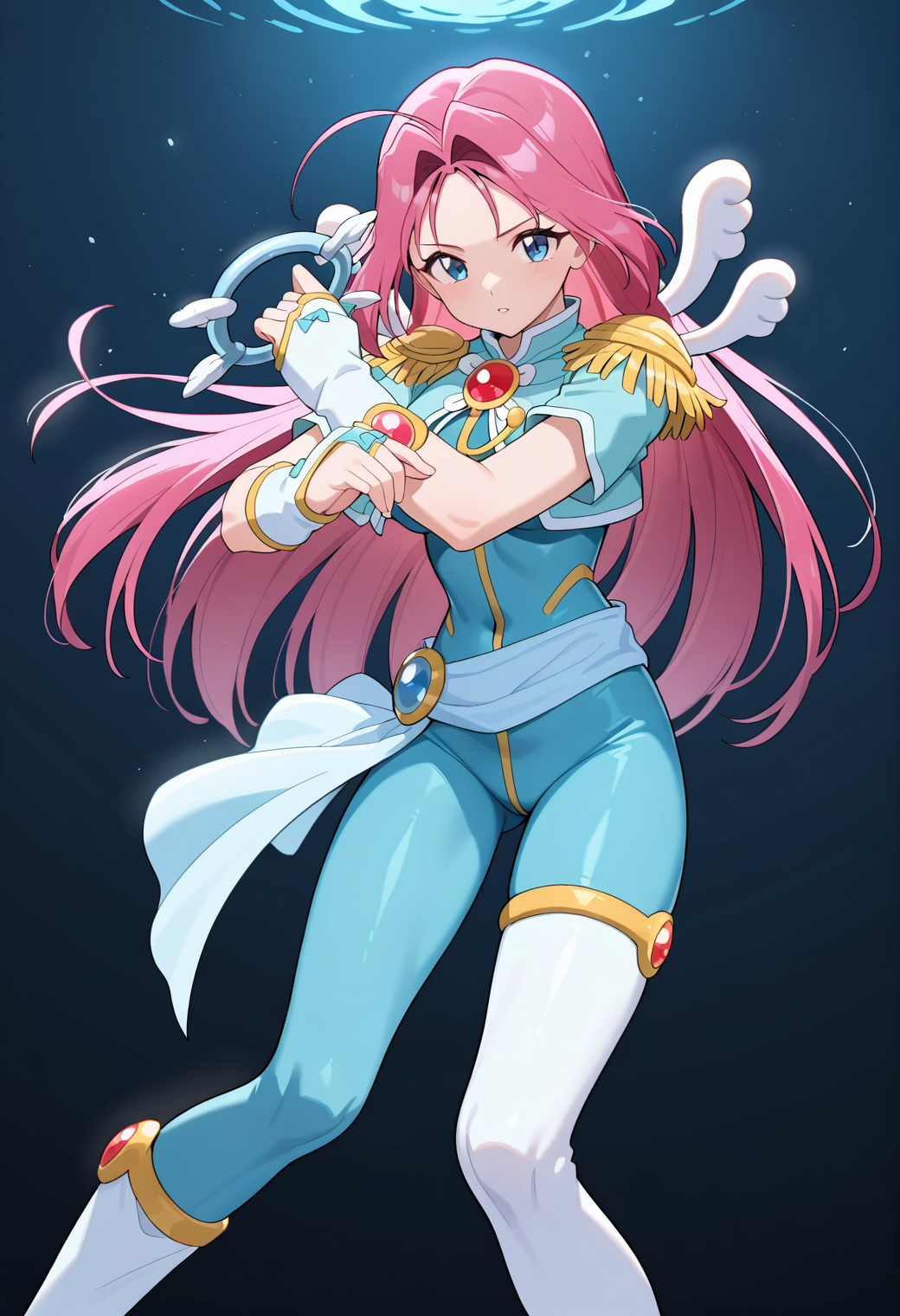 masterpiece, best quality, very aesthetic, absurdres, 1girl, solo,
<lora:corrector_haruna_water_v02:1.0>, corrector_haruna, water_element_suit, pink hair, long hair, ahoge, blue eyes,
magical girl, small wings, epaulettes, blue bodysuit, brooch, aiguillette, bridal gauntlet, asymmetrical legwear, white thigh boots, posing