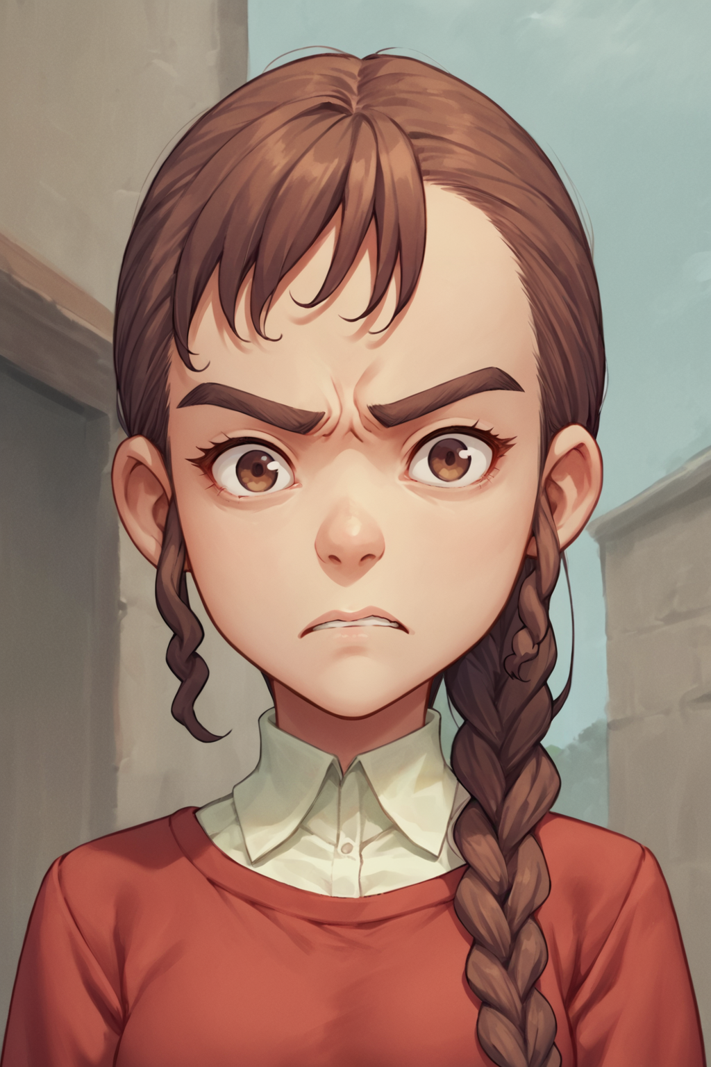 score_9, score_8_up, 1girl, source_anime, <lora:NSNoraPortia:1> NSNoraPortia, brown hair, thick eyebrows, brown eyes, braid, very long hair, red sweater, angry face, looking at the viewer, upper body shot
