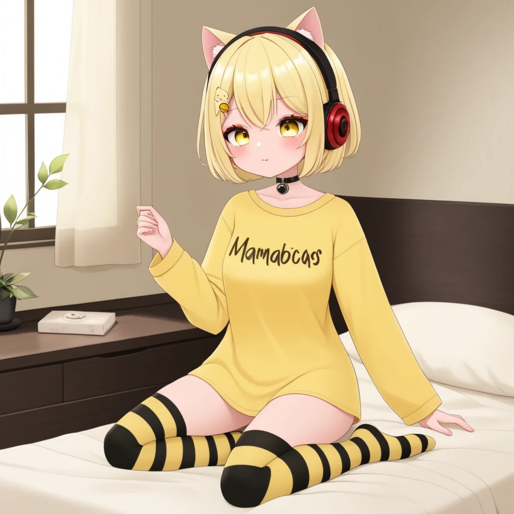 nyana, mamabichos text on shirt, yellow shirt, cat girl, cat ears, blonde hair, big eyes, hair ornament, short hair, red headphones, solo,
pajamas, indoors, bedroom, yellow and black striped legwear, feet focus, feet, single thighhigh,
<lora:NYANA-XL-t2:0.6>