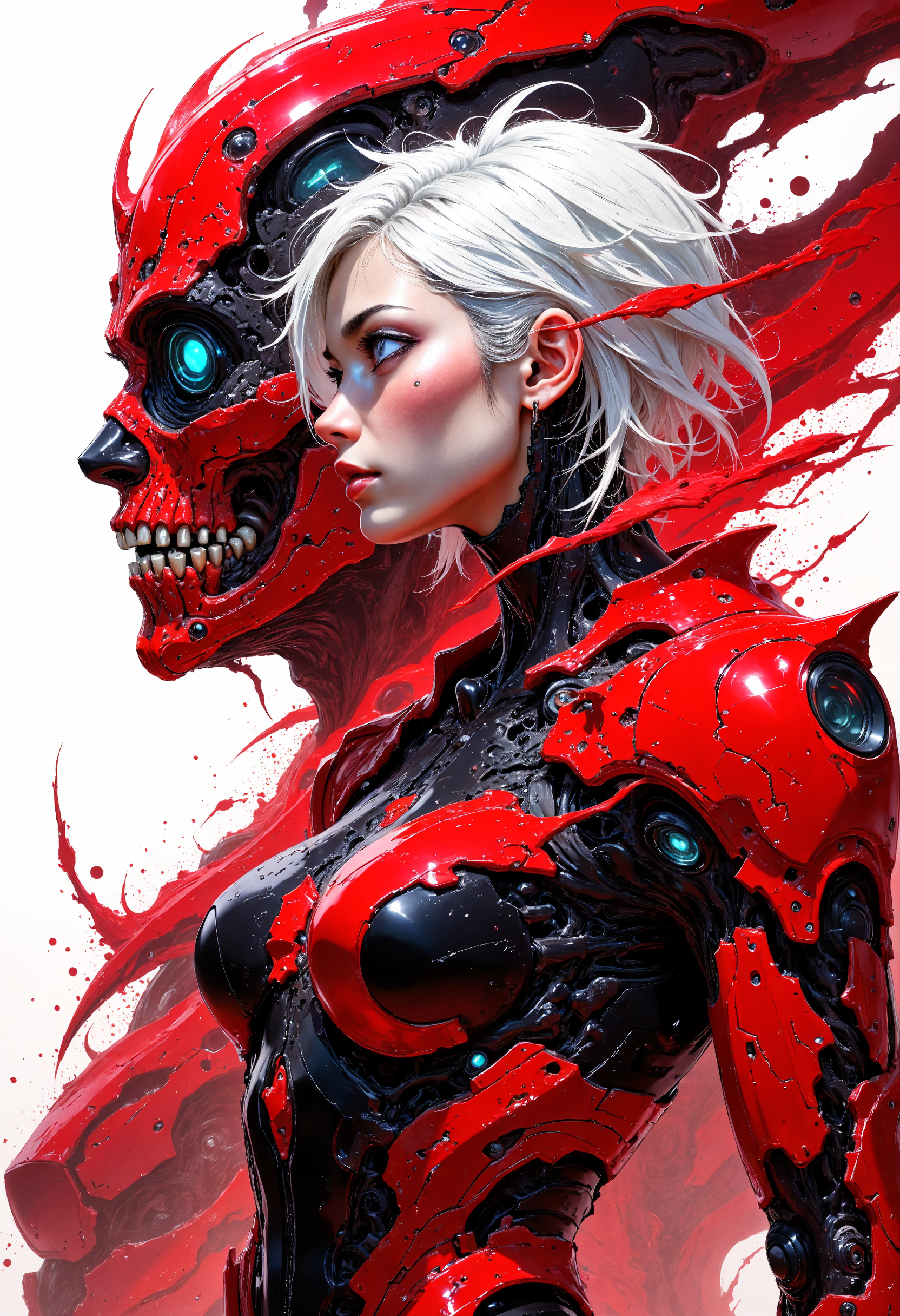 masterpiece, high-quality, A cybernetic woman in sleek red and black armor, her short white hair contrasting sharply with her intense gaze, Her armor is streamlined with metallic accents and a translucent larger image of herself looms behind as if showing her inner power, neon reflections, minimalistic composition, elaborate fine details, hyperdetailed, intricate details, Refined details, best quality, high resolution,