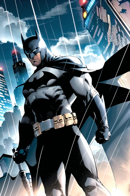 jim lee,
1boy, batman, bat signal, belt, cape, city, cloud, cloudy sky, gloves, lens flare, male focus, mask, muscular, muscular male, night, outdoors, rain, serious, signature, sky, solo, spotlight, standing, superhero, thick thighs, thighs, utility belt
, ((masterpiece))
<lora:jim_lee_offset:1>