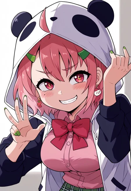 source_anime, rating_safe, BREAK <lora:sakuSasaki_XL-Pony_LoRA-C3Lier_16-16-8-8_AdamW_Un3e-4_Te1.5e-4_10batch:1>, sasaki saku, 1girl, virtual youtuber, pink hair, multicolored hair, short hair, ahoge, pink eyes, green nails, mole under eye, hairclip, earrings, animal hood, panda hood, hood up, two-tone jacket, white jacket, black sleeves, long sleeves, collared shirt, pink shirt, red bowtie, plaid skirt, green skirt, ,,, ,,,, , ,,,, ,,, ,,, ,, ,, ,, , , ,,huge breasts,5 fingers,, ,,,,,,,,,,,,Both hands Peace , grin