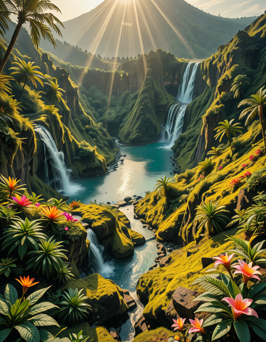 A breathtaking view of an ancient, dormant volcano now transformed into a lush, vibrant natural sanctuary. The crater is filled with dense tropical forests, colorful exotic flowers, cascading waterfalls, and mist swirling gently in the morning light. Vines and moss cover the dark volcanic rocks, and small streams wind down the slopes. while rays of sunlight pierce through the dense canopy, creating sparkling reflections on the water. The atmosphere feels peaceful, enchanted, and untouched by humans. The scene is depicted in an ultra-detailed, hyper-realistic style, with warm, soft lighting and rich, saturated colors that enhance the magical and serene mood of the landscape.
<lora:SDXLFaeTastic2400:0.4> <lora:extremely_detailed:0.4> extremely detailed,dormant v0lc4n0, <lora:dormant_v0lc4n0-i:1>, Masterpiece,best quality,hi res,8k,hi res,8k,award winning,(sharp focus, intricate, highly detailed),