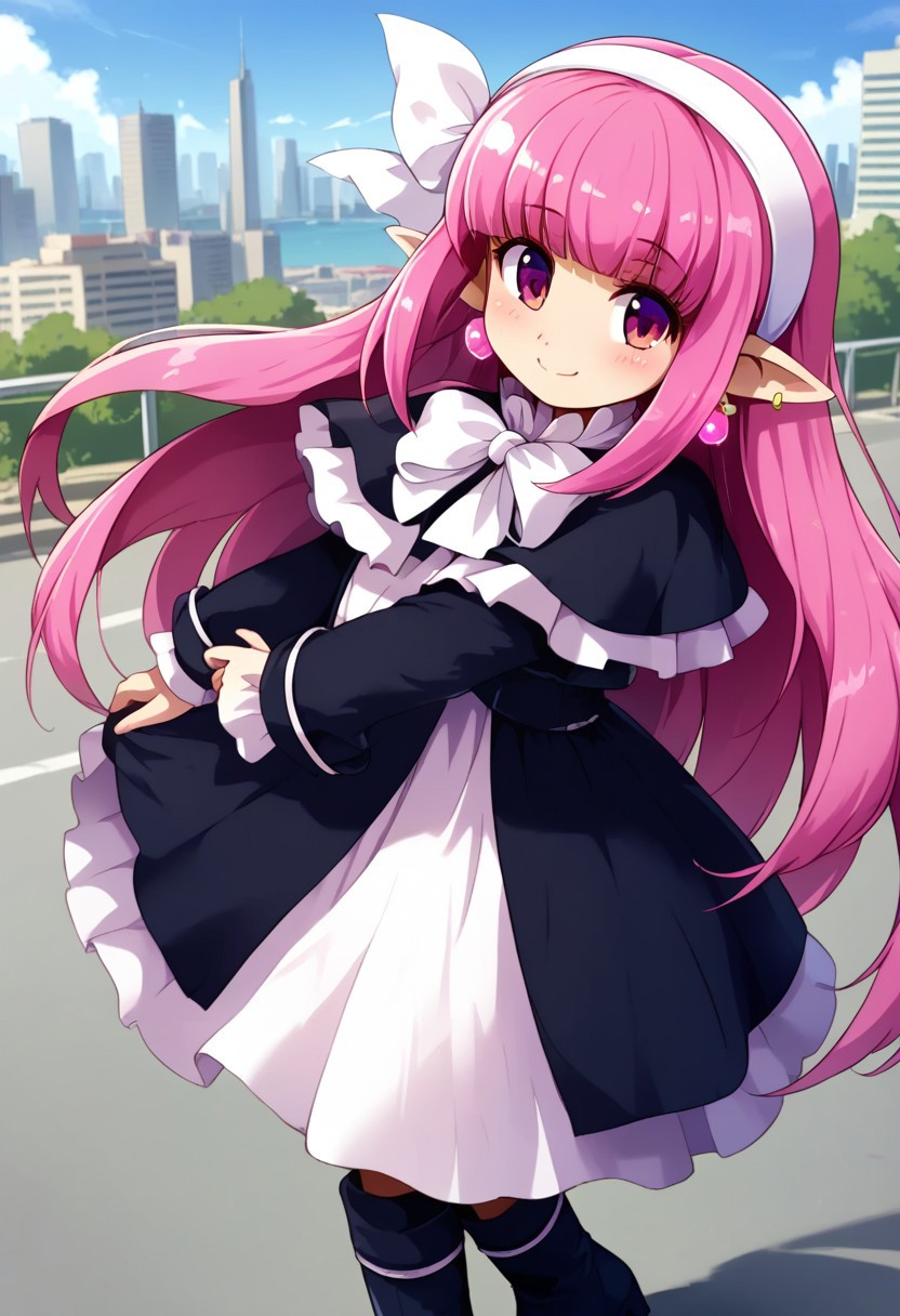 score_9, score_8_up, score_7_up,source_anime,long sleeve,black long dress,Slit in the center dress,pink hair,very long hair,pink eyes,capelet,black Long boots,blunt bangs,long dress,earrings,white hair ribbon,white hairband,pointy ears,ribbon,outdoor,kind smile,blush,city,day,Sunshine,