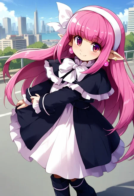 score_9, score_8_up, score_7_up,source_anime,long sleeve,black long dress,Slit in the center dress,pink hair,very long hair,pink eyes,capelet,black Long boots,blunt bangs,long dress,earrings,white hair ribbon,white hairband,pointy ears,ribbon,outdoor,kind smile,blush,city,day,Sunshine,