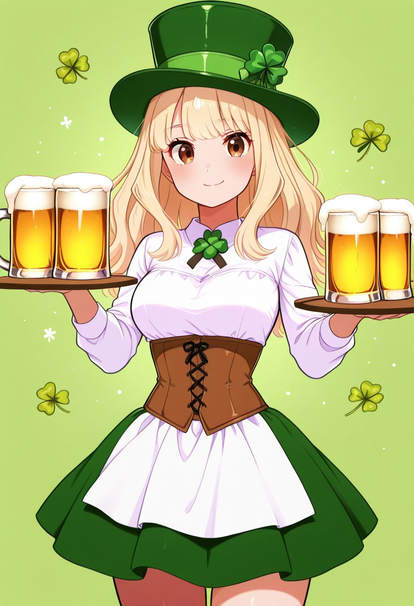 masterpiece, best quality, looking at viewer, smile,  1girl, solo(beautiful eyes), C0utur3Cr4z3,  green hat, corset, green skirt, long sleeves, collared dress, solo, smile, looking at viewer, cowboy shot,  ShamrockWorld, clover, four-leaf clover, beer mug, KijHyou,brown eyes, blonde hair, long hair,  wavy hair,