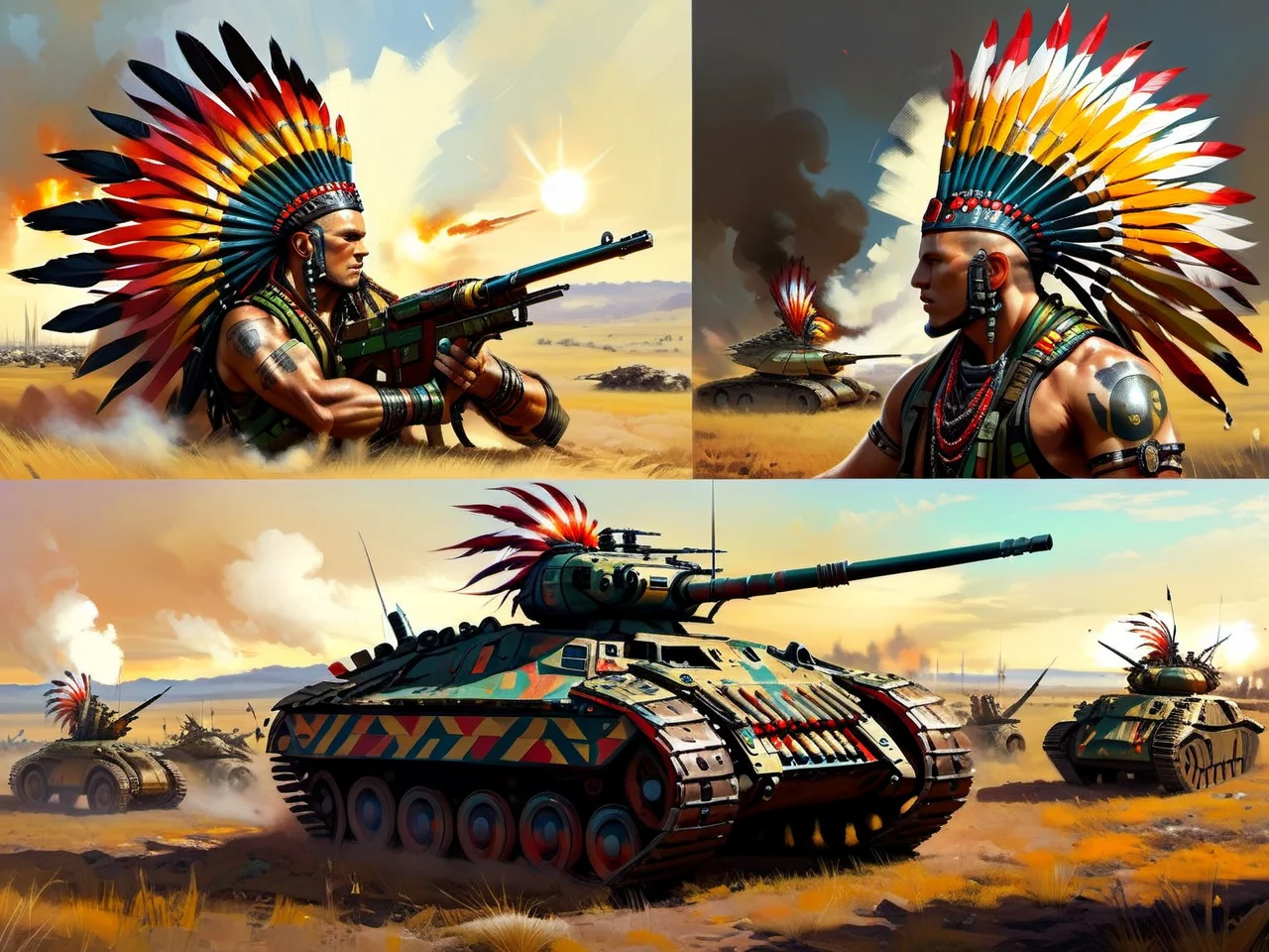 <lora:CulturePunkAI_1Pruned:.9> TotemPunkAI Mohawk tank on battlefield, concept art Highly detailed, amazing, Impressive lighting, vibrant colors, Ultra Realistic, High quality, Highly detailed, trending on artstation