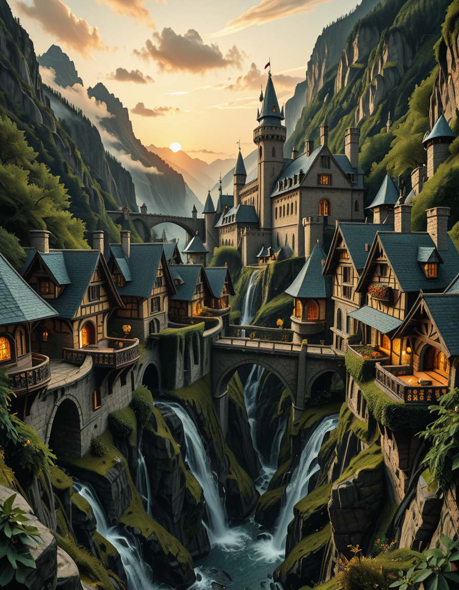 A breathtaking medieval fantasy city nestled in a lush valley, surrounded by towering mountains and dense forests. A grand castle with multiple towers and turrets stands atop a hill, overlooking the town below. The city consists of charming half-timbered houses with glowing windows, perched on rocky cliffs and connected by stone bridges over cascading waterfalls. The river flows through the village, reflecting the warm golden lights of lanterns and torches. Ivy and moss grow over the stone walls, adding to the enchanted, ancient atmosphere. The background features misty mountains with additional fortresses and watchtowers, partially hidden by low-hanging clouds. The sky is illuminated by a soft, warm sunset, casting a golden glow on the scenery, creating a perfect blend of realism and fantasy. Highly detailed, cinematic, and immersive, with a magical, fairy-tale ambiance.
<lora:SDXLFaeTastic2400:0.4> <lora:extremely_detailed:0.4> extremely detailed, ,medieval f4nt4sy c1ty <lora:medieval_f4nt4sy_c1ty-i:1>, Masterpiece,best quality,hi res,8k,hi res,8k,award winning,(sharp focus, intricate, highly detailed),