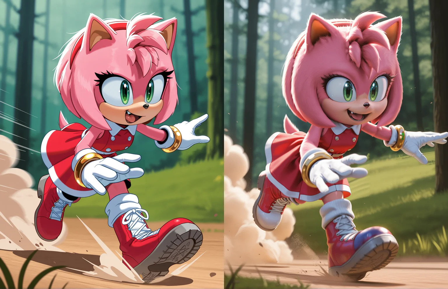 1girl, solo, full body, no humans, green hill zone, forest, grass, ,
<lora:Movie-Amy:1> movieamy, pink fur, green eyes, animal nose, body fur, hedgehog tail, petite, short legs,
short hair, bob cut, red hairband,
red dress, sleeveless dress, backless outfit, white belt, collared dress, gold bracelet,
white socks, white gloves, standing, lace-up boots, red boots, white boots, two-tone boots, looking ahead,
running, speed lines, motion blur, outstretched arms, :d, happy, dust, dust cloud, leaning forward, fang, blurry background, , extremely detailed, highres, masterpiece, best quality