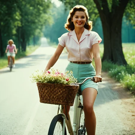 cinematic film still of <lora:Technicolor style:1>
In the 1950's a woman riding a bike with a basket of flowers,1girl,solo,looking at viewer,smile,shirt,full body,flower,outdoors,shorts,teeth,high heels,tree,ground vehicle,pink shirt,white shorts,realistic,road,street,bicycle,photo background , vivid color, cinematic look, film look, filmic, contrast, detailed, high quality, sharp image, film color, Kodak, Motion Picture, Film style, different color, vivid color, different people, different look, different style, 35MM Film, 16MM Film, Photographic film, artistic style, cinematic style, film granularity, film noise, image noise, artistic effect, Fujicolor, Fuji film, Analog photography, movie style, movie still, Film grain overlay, Film Grain style, Technicolor style, shallow depth of field, vignette, highly detailed, high budget, bokeh, cinemascope, moody, epic, gorgeous, film grain, grainy