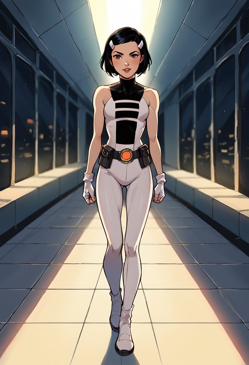 1girl, score_9, score_8_up, score_7_up, western cartoon, bright lighting, very detailed, depth of field, cinematic illumination, volumetric lighting, full color picture, vibrant colors, solo, alone, black hair, circle belt, white hairclips, costume3, white fingerless gloves, full body, medium bob, petite, full body, facing forward, looking at viewer, spaceship hallway, standing,
