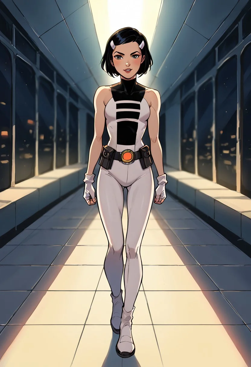 1girl, score_9, score_8_up, score_7_up, western cartoon, bright lighting, very detailed, depth of field, cinematic illumination, volumetric lighting, full color picture, vibrant colors, solo, alone, black hair, circle belt, white hairclips, costume3, white fingerless gloves, full body, medium bob, petite, full body, facing forward, looking at viewer, spaceship hallway, standing,
