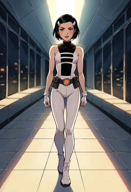1girl, score_9, score_8_up, score_7_up, western cartoon, bright lighting, very detailed, depth of field, cinematic illumination, volumetric lighting, full color picture, vibrant colors, solo, alone, black hair, circle belt, white hairclips, costume3, white fingerless gloves, full body, medium bob, petite, full body, facing forward, looking at viewer, spaceship hallway, standing,