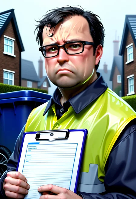 40 year old man, glasses, very short dark hair, miserable, wearing hi vis jacket, thick glasses, double-chin, jowls, clipboard, raining
standing by wheelie bins, big house with lawn and tall chimneys, small waste van, close-up
<lora:Bucksman:0.7>