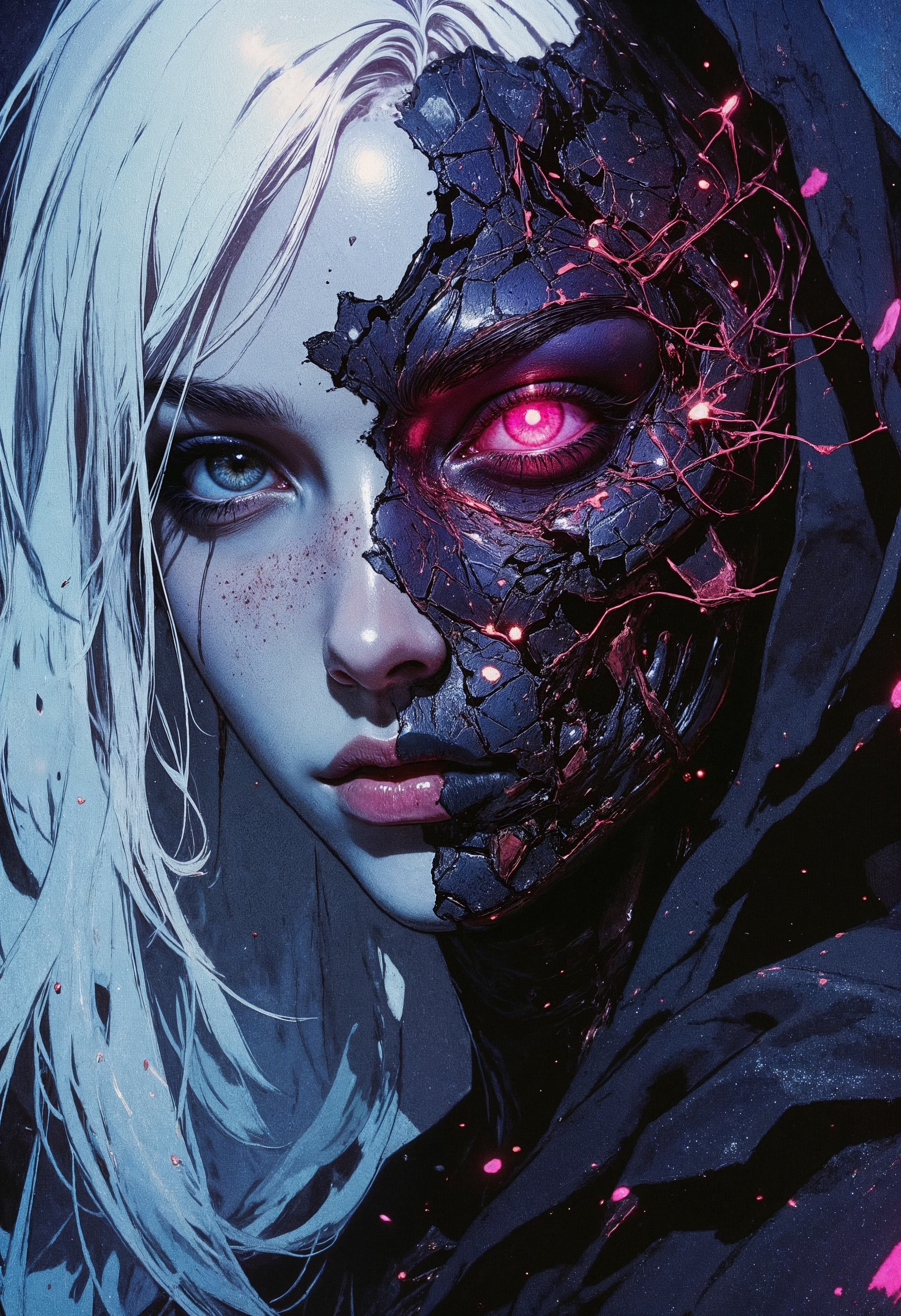 R3alisticF, a striking portrait of a female figure with a split face. The left side of the face appears human, with pale skin, light blue eyes, and long white hair. The right side is a mechanical, cyborg-like structure with cracked, dark metallic surfaces and glowing pink elements, including a vivid pink eye. The contrast between the organic and mechanical halves is emphasized by the intricate details and vibrant colors. The background is dark, enhancing the dramatic effect of the glowing elements. The overall composition is centered, with the subject's gaze directed forward, creating an intense and captivating visual impact.  <lora:FluxMythG0thicL1nes:0.6> <lora:FluxMythR3alisticF:0.5> <lora:RetroAnimeFluxV1:0.6> <lora:OB半写实肖像画V2.0:0.6> <lora:sxz-Dark-Fantasy-v2-Flux:0.5>