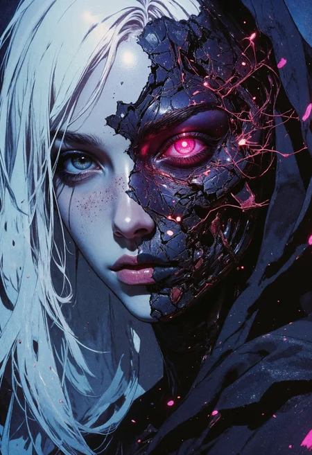 R3alisticF, a striking portrait of a female figure with a split face. The left side of the face appears human, with pale skin, light blue eyes, and long white hair. The right side is a mechanical, cyborg-like structure with cracked, dark metallic surfaces and glowing pink elements, including a vivid pink eye. The contrast between the organic and mechanical halves is emphasized by the intricate details and vibrant colors. The background is dark, enhancing the dramatic effect of the glowing elements. The overall composition is centered, with the subject's gaze directed forward, creating an intense and captivating visual impact. <lora:FluxMythG0thicL1nes:0.6> <lora:FluxMythR3alisticF:0.5> <lora:RetroAnimeFluxV1:0.6> <lora:OB半写实肖像画V2.0:0.6> <lora:sxz-Dark-Fantasy-v2-Flux:0.5>