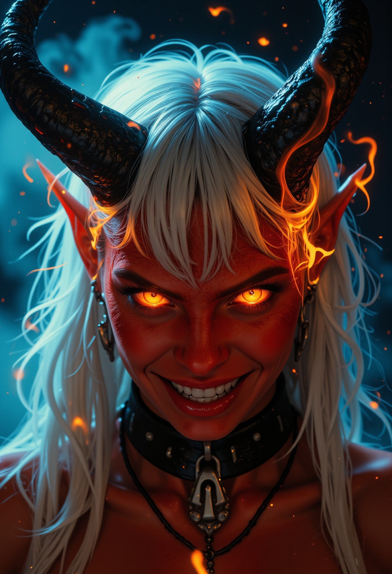 Doomguy style, cinematic close-up portrait of a young and intense demon succubus with red skin and horns and white hair, staring at the camera with [ a bloody face : her beautiful face : 3], flames spouting and glowing on her fiery eyes, and large pointy ears. Her sexy lips parted with a warm smile, revealing her sharp fangs and a seductive gaze. She is wearing a tall posture collar with a silver lock. A blueish background, with glowing wisps of liminal fog surrounding her in a dramatic yellow light, and shining light embers particles floating in the air. An analog film photo, with heavy film grain that creates a grainy texture, light leaking from the sides, lens and chromatic aberration that shift rgb colors, a shallow depth of field, and cinematic lighting.
<lora:Doomguy v1.5:0.8>
