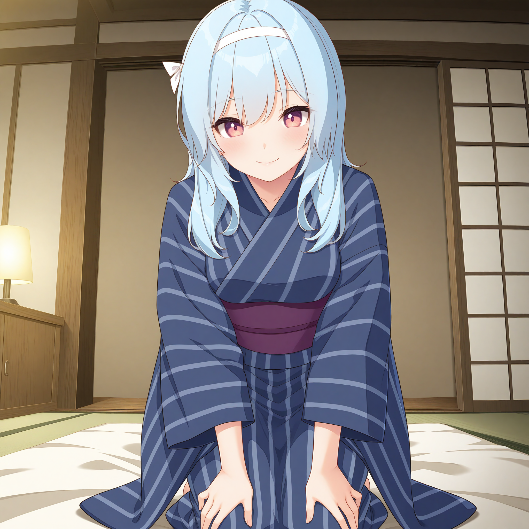 <lora:Karakuchi_Hibana_1_nai-000043:1>,Karakuchi Hibana,
white hairband,hair ribbon,white ribbon,purple sash,blue kimono,yukata,wide sleeves,vertical-striped kimono,purple obi,long sleeves,
BREAK
1girl,solo,smile,kneeling,hands on own knees,front view,facing viewer,looking at viewer,indoors,