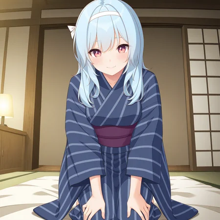 <lora:Karakuchi_Hibana_1_nai-000043:1>,Karakuchi Hibana,
white hairband,hair ribbon,white ribbon,purple sash,blue kimono,yukata,wide sleeves,vertical-striped kimono,purple obi,long sleeves,
BREAK
1girl,solo,smile,kneeling,hands on own knees,front view,facing viewer,looking at viewer,indoors,