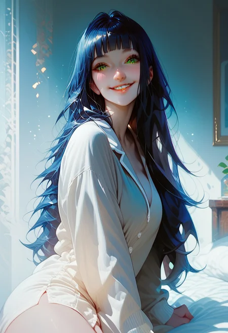 score_9, score_8_up, score_7_up, score_6_up, score_5_up, score_4_up, 1girl, (score_9, score_8_up:1.1),((( long straight hair,1,5))), (dark blue hair:1.5), blunt bangs, (green eyes), voluptuous, pale skin, white pale ,shy smile ,, dynamic pose, aesthetic, perspective, solo, detailed, sensual look,wearing pajama , smile, looking at viewer, cowboy shot, sitting on bed