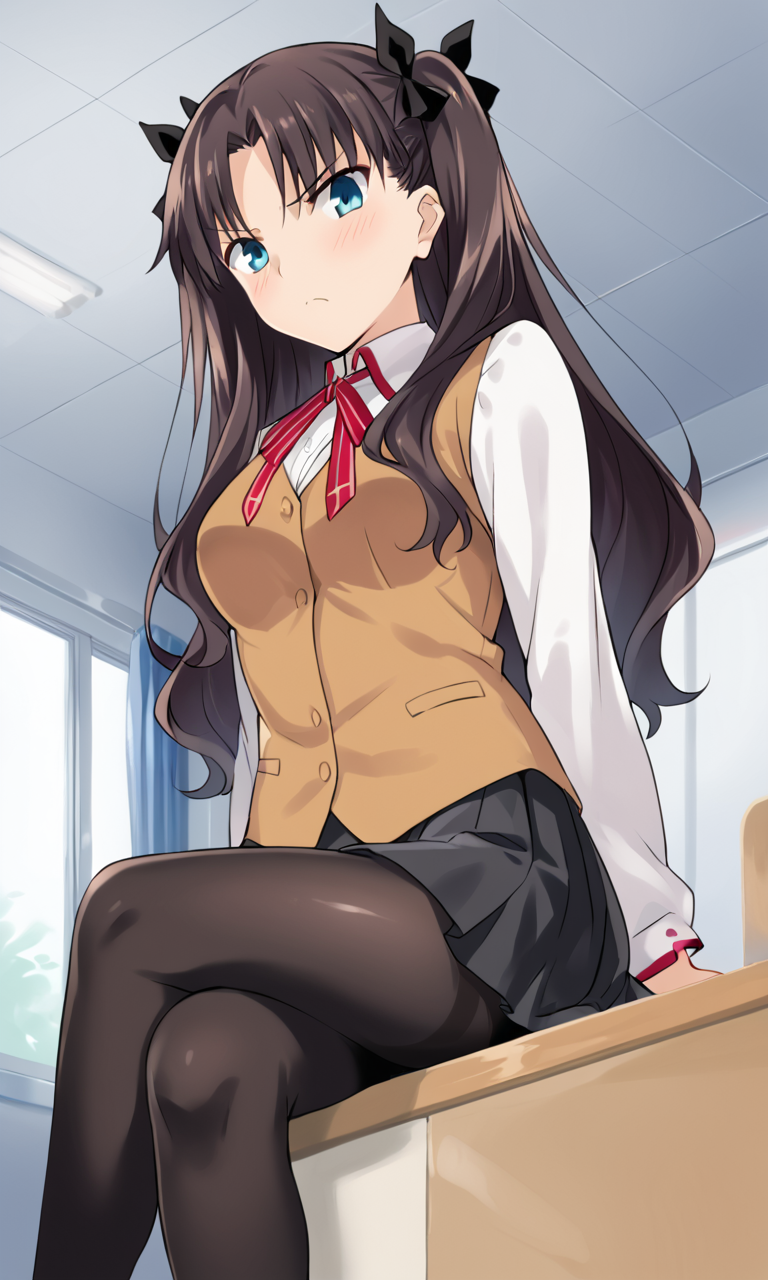 score_9, score_8_up, score_7_up, solo, 1girl, tohsaka_rin, blue_eyes, black_hair, long_hair, medium_breasts, two_side_up, hair_ribbon, black_ribbon, homurahara_academy_school_uniform, brown_vest, collared_shirt, white_shirt, neck_ribbon, red_ribbon, pleated_skirt, black_skirt, black_pantyhose, sitting, school, indoors, crossed_legs, from_below, looking_at_viewer, blush, tsundere, frown