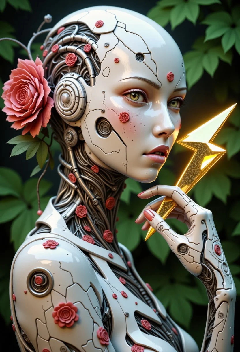 CyborgFusion, portrait, octane render, robot, it is Exotic, Overdetailed art, Vaporpunk, Low shutter, contemporary, fine detail, unique, complex artistic color composition, magnificent, complimentary colors, atmosphere, human eyes and lips, deep rich colors, illustrious, dynamic composition, sensual, wet, expressive look, no hair, white ceramic surfaces, looking to the side,in the style of ck-ncr, green, leaves,flowers, warm light, holding a three-dimensional golden shape of a lightning to the camera.