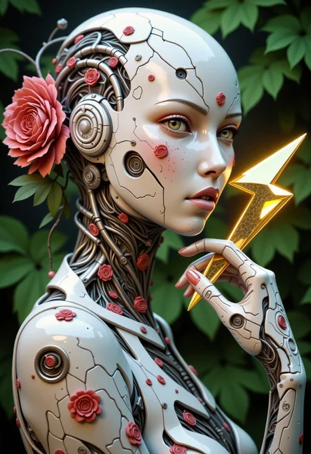 CyborgFusion, portrait, octane render, robot, it is Exotic, Overdetailed art, Vaporpunk, Low shutter, contemporary, fine detail, unique, complex artistic color composition, magnificent, complimentary colors, atmosphere, human eyes and lips, deep rich colors, illustrious, dynamic composition, sensual, wet, expressive look, no hair, white ceramic surfaces, looking to the side,in the style of ck-ncr, green, leaves,flowers, warm light, holding a three-dimensional golden shape of a lightning to the camera.