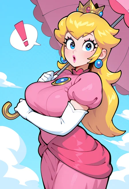very aesthetic, masterpiece, best quality, newest, absurdres, highres, 
333 \(dqqqdle\), 1girl, solo, (princess peach, blonde hair, long hair, large breasts, blue eyes, pink lips, thick eyelashes), [mario \(series\)], perky breasts, plump,
pink dress, crown, earrings, white gloves, elbow gloves, umbrella,
holding umbrella, looking at viewer, :o, spoken exclamation mark,
(simple background, polka dot background, gradient background, blue background, clouds, abstract background), Rating:General,
 <lora:333_dqqqdle:1>