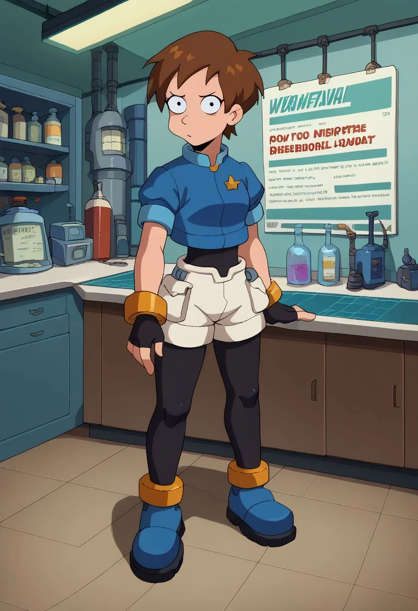 score_9, score_8_up, score_7_up, english text, 1girl, small breasts, brown hair, short hair, circle eyes, dot pupil, overbite, robot ears, black bodysuit, fingerless gloves, blue Cropped Jacket, cropped jacket, short sleeves, bracelet, shorts, anklet, shoes, blue footgear, looking at viewer, standing, source_cartoon, futuramastyle, indoors, laboratory, black pantyhose