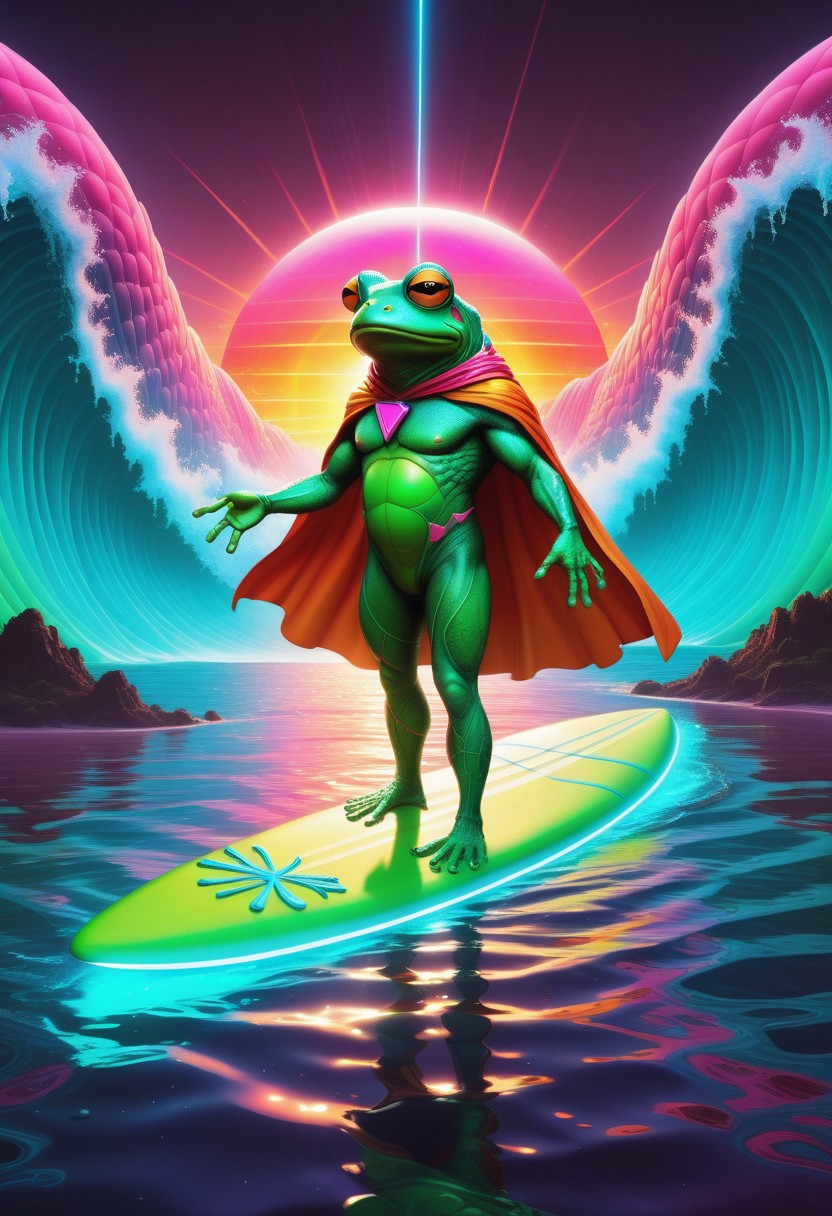 A surreal scene featuring a Quantum-Pickle Frogsurfer, a humanoid frog with slick, green, semi-translucent skin resembling pickles, balancing effortlessly on a glowing quantum energy surfboard. The surfboard emits trails of neon pink and cyan light, warping space-time around it with rippling, kaleidoscopic effects. The frog wears retro-futuristic shades, a neon headband, and a billowing vaporwave-patterned cape. The background is a swirling ocean of liquid rainbows, punctuated by floating geometric shapes and glowing pyramids. Above, a gridline sunset in vibrant magentas and oranges radiates retro-futuristic vibes. The atmosphere is absurd and dreamlike, with bright, high-contrast colors and a playful, surreal tone. Style is vivid vaporwave surrealism, blending clean geometric lines with organic absurdity.