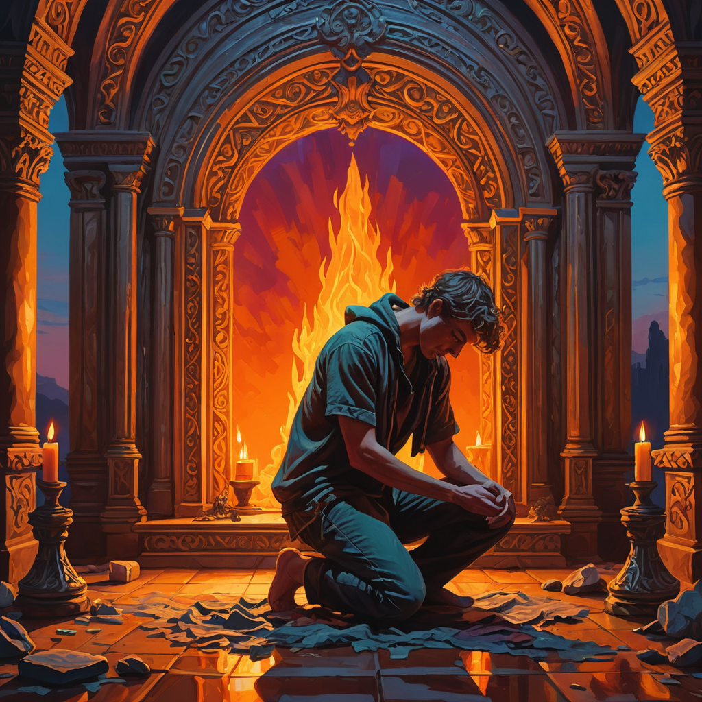 a vivid messy oil painting of a youngish guy kneeling before an ornate pagan altar, vivid evening hues, aura of menace, (silhouette), (shadows), illustration, highly detailed, high quality,