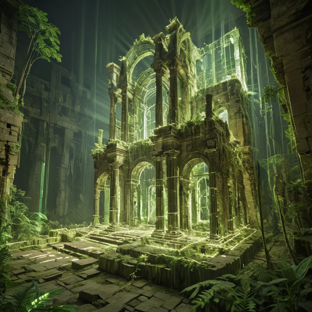 masterpiece, best quality, <lora:add-detail-xl:1> <lora:ArsMorph_-_World_of_Light_-_SDXL:1> arsworldoflight An ancient light ruin, crumbling structures of once-bright illumination now flickering and fading. New growth of vibrant light vegetation reclaims the dimming architecture.