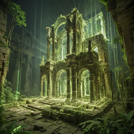masterpiece, best quality, <lora:add-detail-xl:1> <lora:ArsMorph_-_World_of_Light_-_SDXL:1> arsworldoflight An ancient light ruin, crumbling structures of once-bright illumination now flickering and fading. New growth of vibrant light vegetation reclaims the dimming architecture.