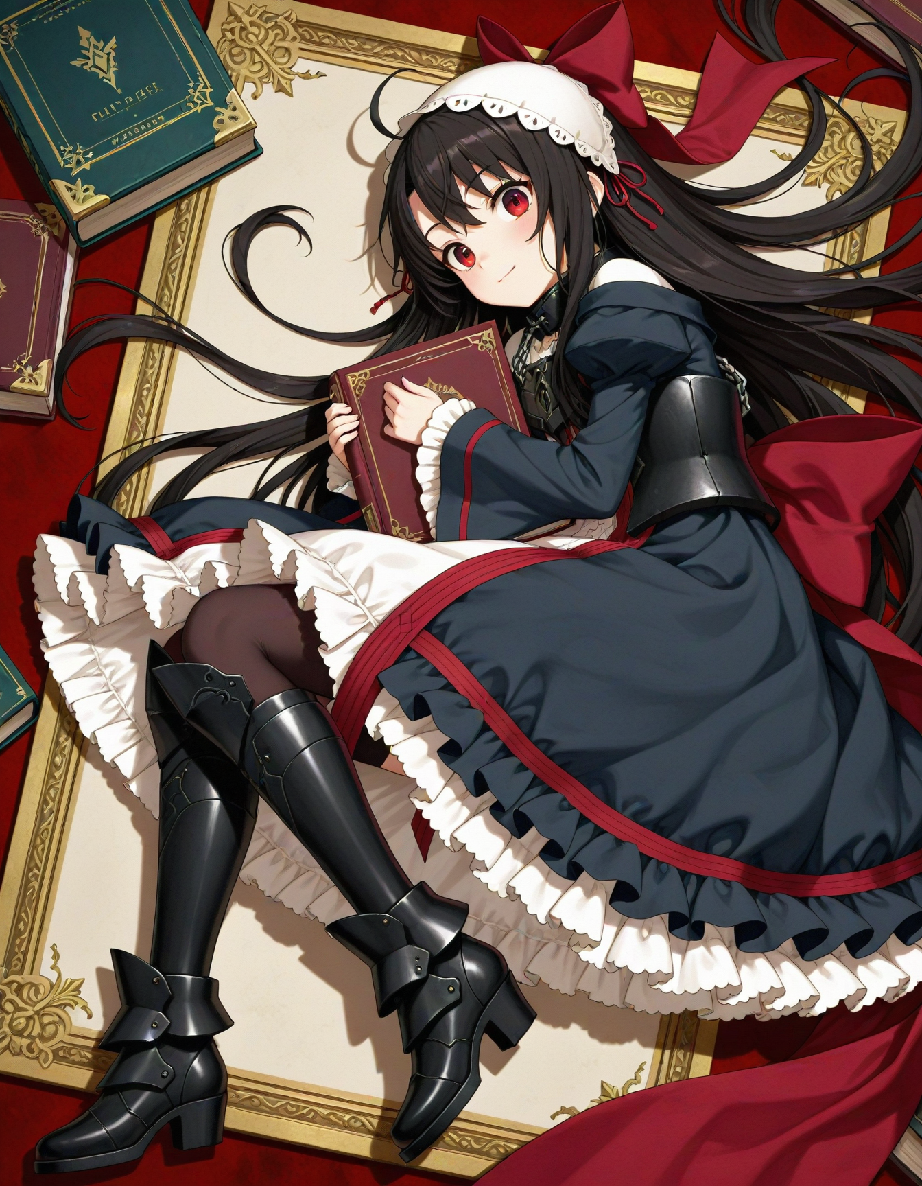 1girl,
very awa, red eyes, black hair, long hair, very long hair, ahoge, daliandress, padlock, collar, metal collar, chain, black dress, headdress, long sleeves, hair bow, large bow, red bow, armored boots, frills, book, holding book, lying, from side, thighhighs, smile, blush, dress, boots, black footwear, lock, closed mouth, looking at viewer, holding, solo, wide-eyed, bow, full body, wrist cuffs, on back,
masterpiece, best quality, newest, highres, absurdres, general
 <lora:NoobV065sHyperDmd:1> <lora:NovelDalian_IXL:1>