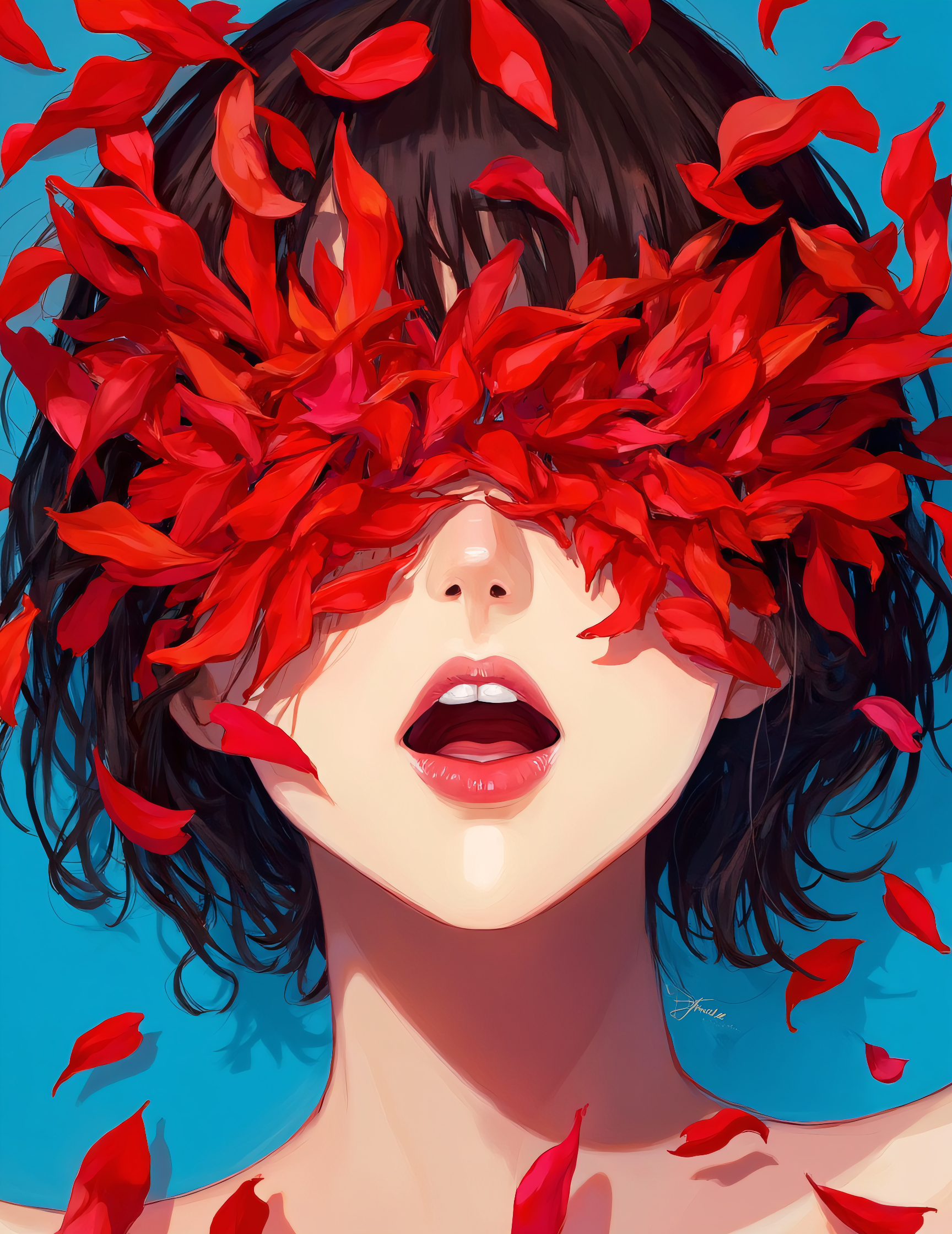 anime art of a stylized portrait of a woman with vibrant red petals covering her eyes. The petals appear to be either floating around or directly attached to her face, creating a dramatic and surreal effect. The woman's lips are painted a matching shade of red, complementing the petals. The background is a bright blue, which contrasts sharply with the red petals and the woman's skin tone. The style of the painting is expressive, gives it a dynamic and emotional quality.