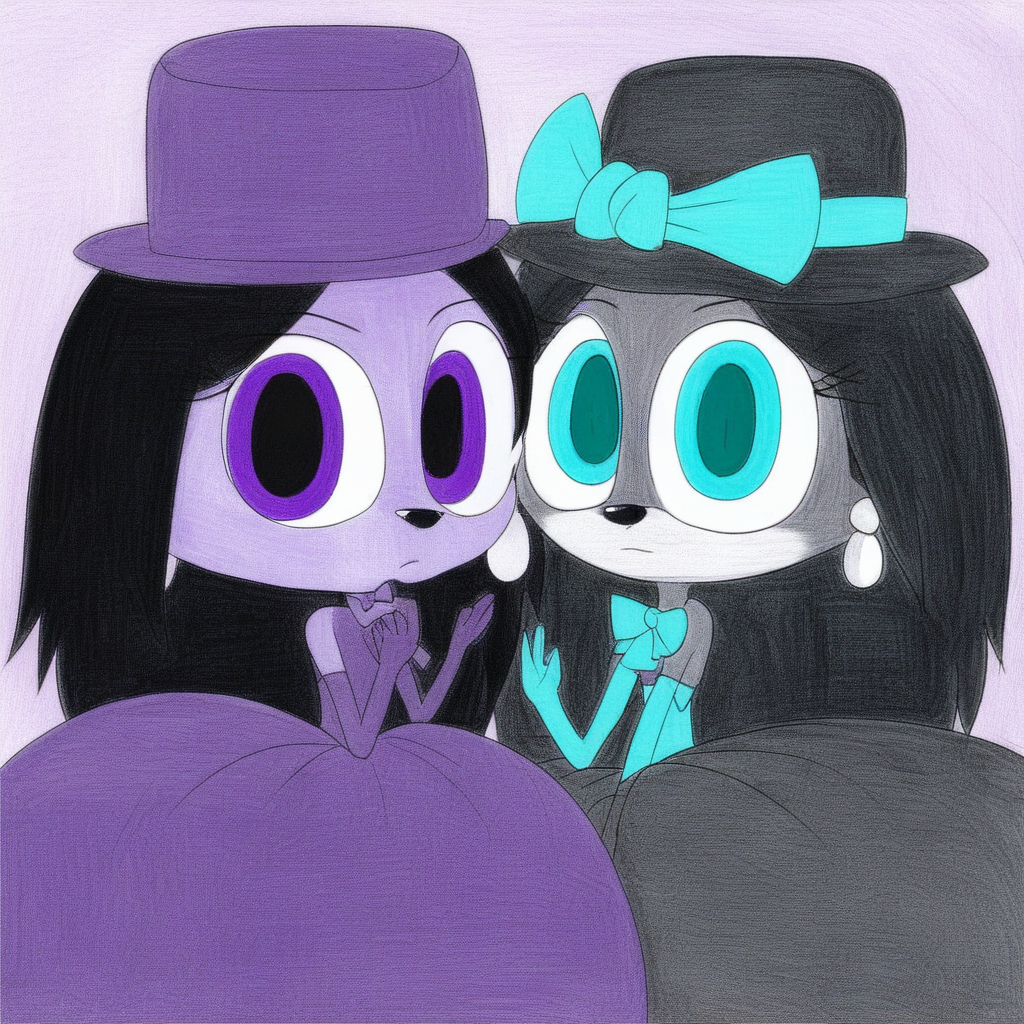 multiple girls, earrings, black hair, bow, purple eyes, furry female, hat, aqua eyes, gloves