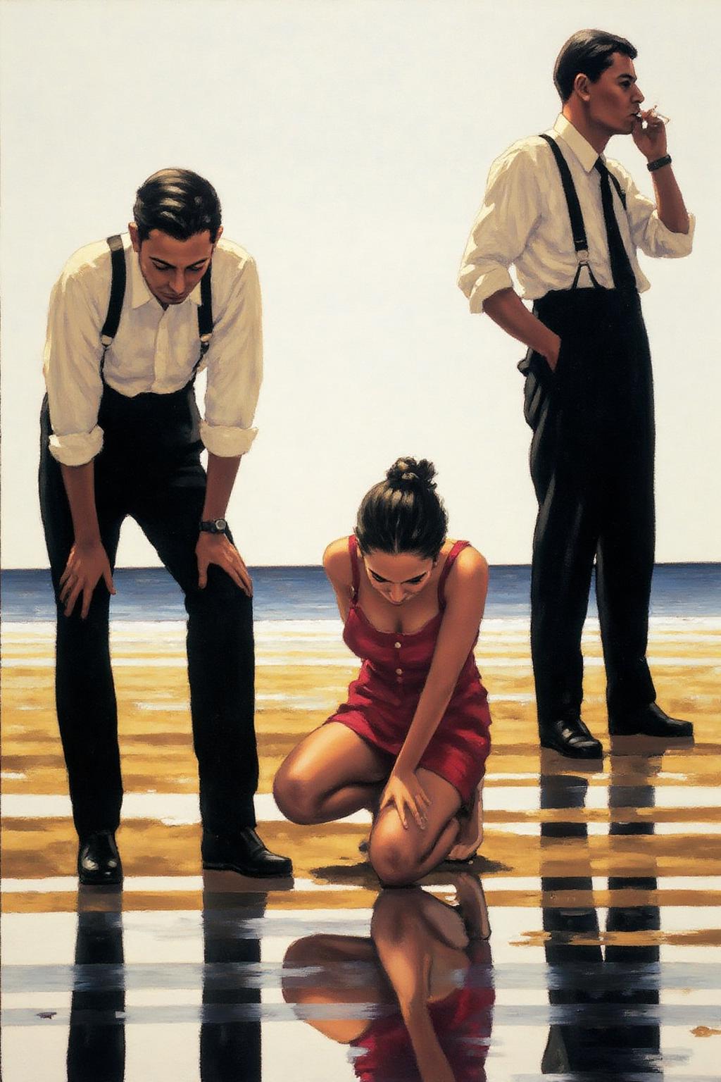 jackvettriano1 painting. 
Two men and a woman on a beach with a reflective wet surface. On the left is a man wearing a white shirt, black pants, and suspenders, bending forward to look down at the ground. In the center, a woman in a red dress kneels with her head bowed, looking at her reflection on the wet surface. On the right stands a man wearing a white shirt, black pants, and suspenders, with one hand holding a cigarette to his mouth and the other hand in his pocket. In the background, the sky meets the water at the horizon. <lora:jackvettriano1_cap_d8a4e12:1.0><lora:851761969345105241:0>