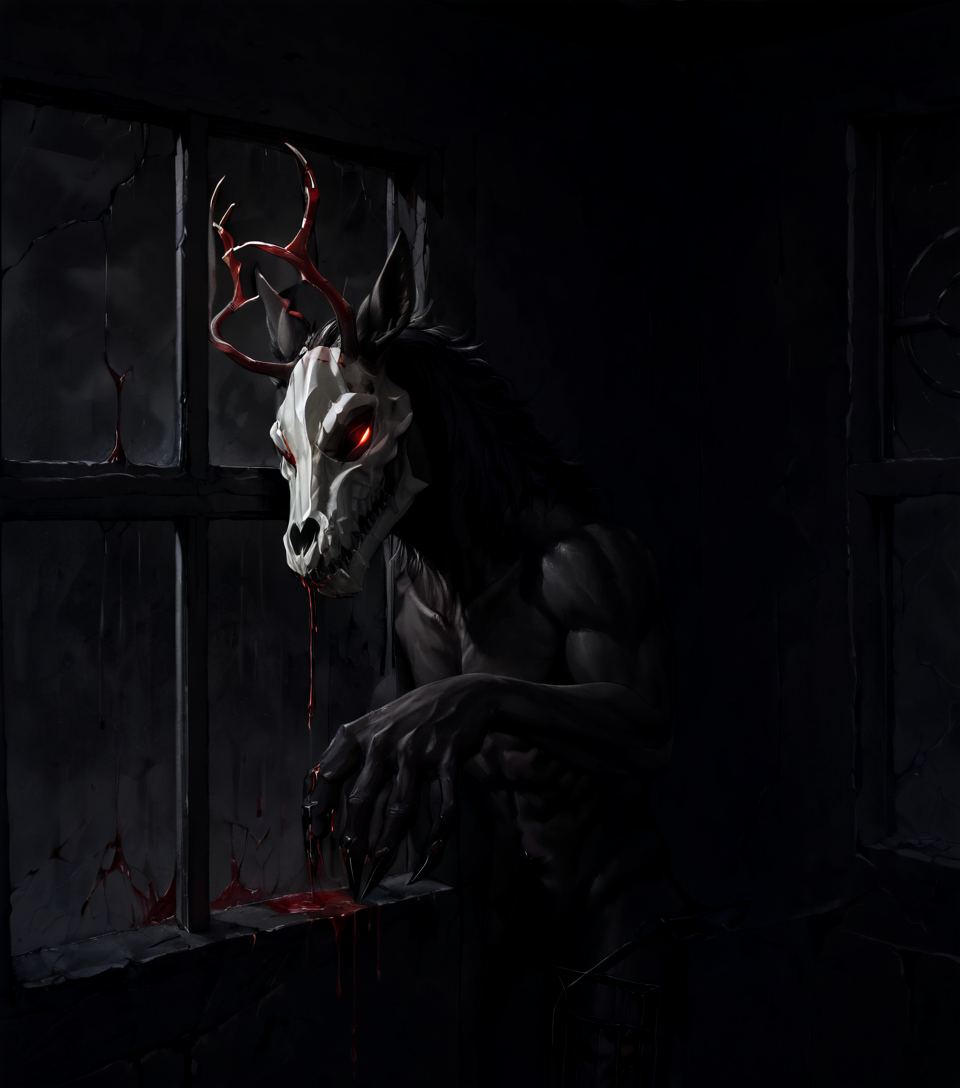 score_9, score_8_up, score_7_up, score_6_up, source_monster, BREAK, ((((outside of window)))),  glass, (outside glass), closed window, three quarter view, looking in, close up, window fog, (closed mouth), blood, (scratched window), claw mark on window, ((((darkness)))),(pitch black), night time, ((obscured by darkness)), glowing eyes in darkness, barely visible, hidden, hiding, blackest black, black background, (w3ndigo), (glowing eyes),  skull face, antlers,  sharp teeth, black skin,<lora:Wendigo for PonyXL:0.6>, <lora:SDXL_Black_Sa_May:2>
