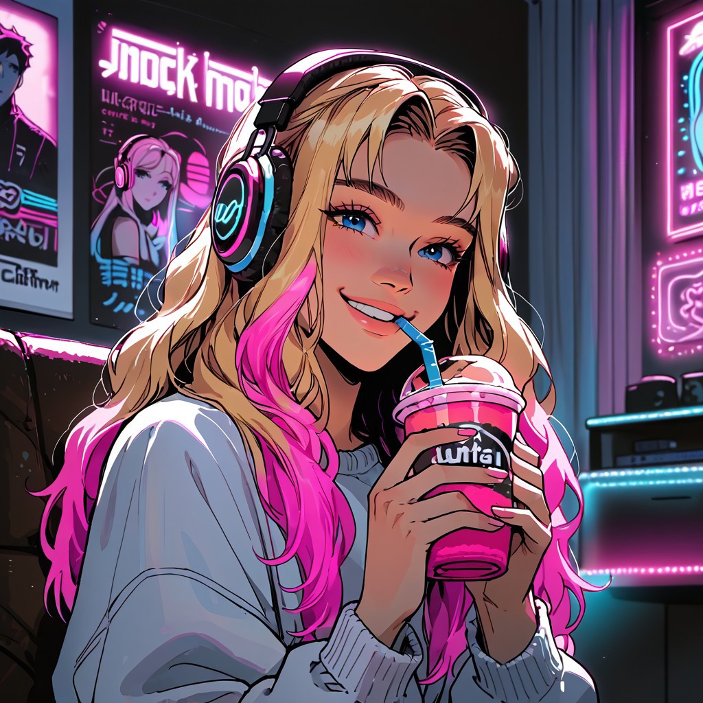 1girl, blonde, pale, blue eyes, smile, portrait, innocent. source_anime, pink highlights, long hair, headphones, drinking, cup, bed room, sitting on chair, neon lights, cute, g0th1c, glowing, neon lights, poster