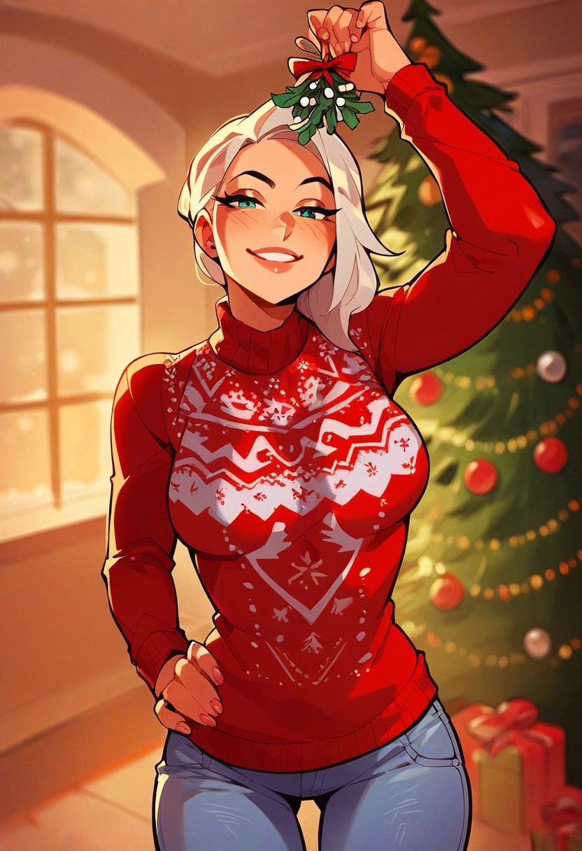 score_9, score_8_up, score_7_up, 1girl, solo, m1stl3t03, bouquet, holding, cowboy shot, christmas, room, christmas sweater, jeans, bedroom eyes, seductive smile, looking ai viewer, arm up, hand on hip,