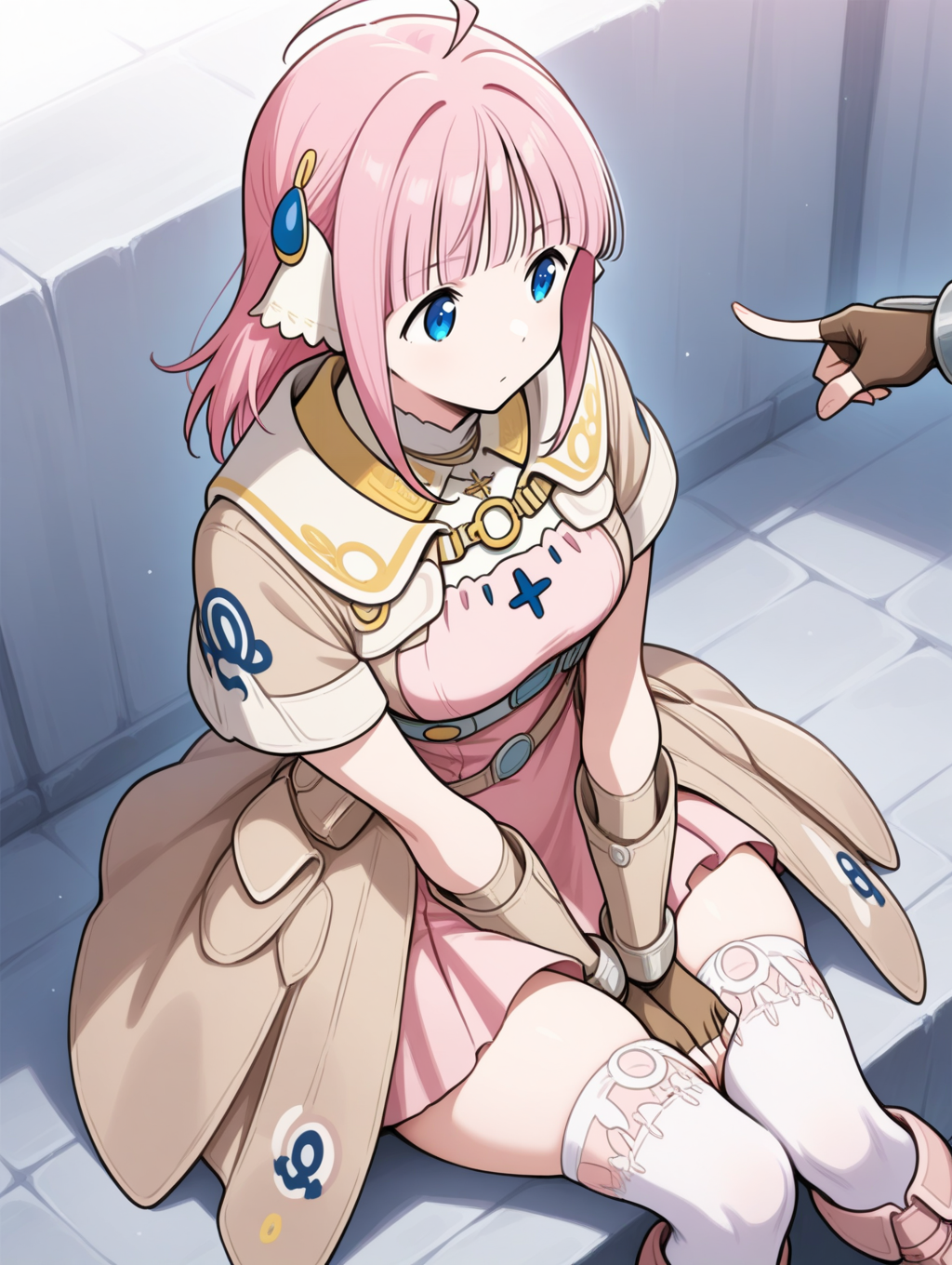 perfect quality,best quality,absolutely eye-catching,ambient occlusion,raytracing BREAK
1girl,<lora:miki IL v1.1_1:0.9>,miki,pink hair,medium hair,blunt bangs,blue eyes,hair ornament,brown coat,short sleeves,pink dress,short dress,bracers,fingerless gloves,brown gloves,white thighhighs,boots,, from above, looking away,portrait,on_side,poking,curvy,hand_between_legs,