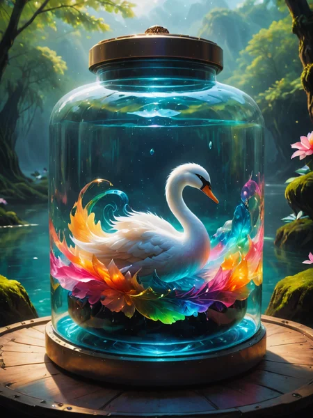 Enchanting, (yak),  inside ((A practical storage container made of transparent material for easy organization)), with a peaceful swan gracefully gliding across a serene lake,   symbols, intricate details, colorful, abstract, realism, <lora:SDXLFaeTastic2400:0.8> <lora:Contained_Color_SDXL:1> Contained Color