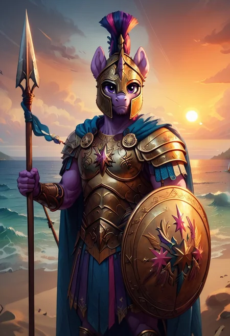 Twilight Sparkle, anthro pony, solo, bronze armor, holding spear, sunrise, sea shore, Spear Warrior